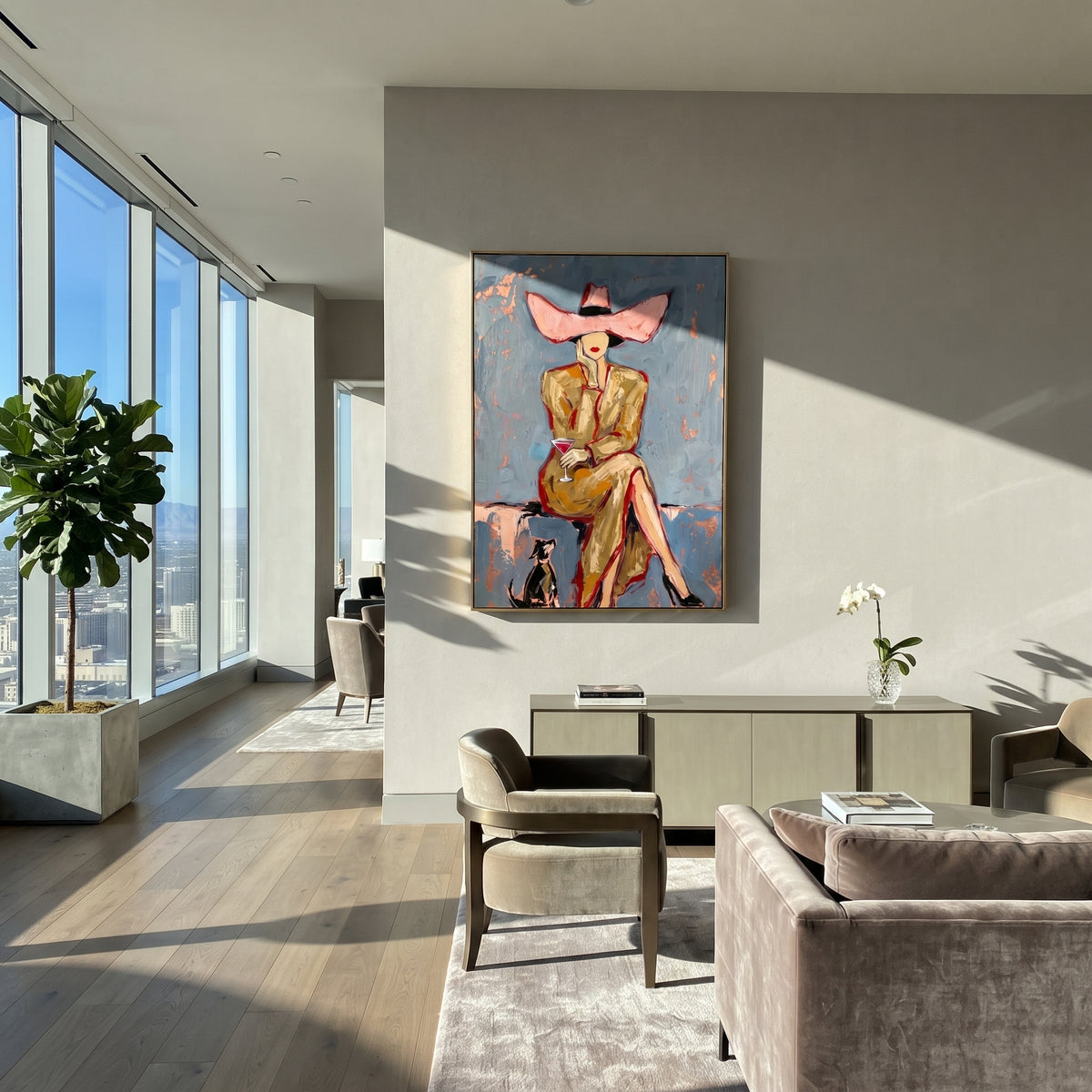 Pink Hat Dog Cowgirl is written from the actual artwork image, focusing on a seated pink-hat cowgirl with small black dog on a pale blue chair setting. The composition is built from specific visible details: large pink hat, small black dog, tan coat, pale blue chair, crossed legs, and quiet portrait pose. The vertical composition keeps attention on large pink hat, small black dog, tan coat, pale blue chair, crossed legs, and quiet portrait pose, using open ground, cropped edges, and strong color