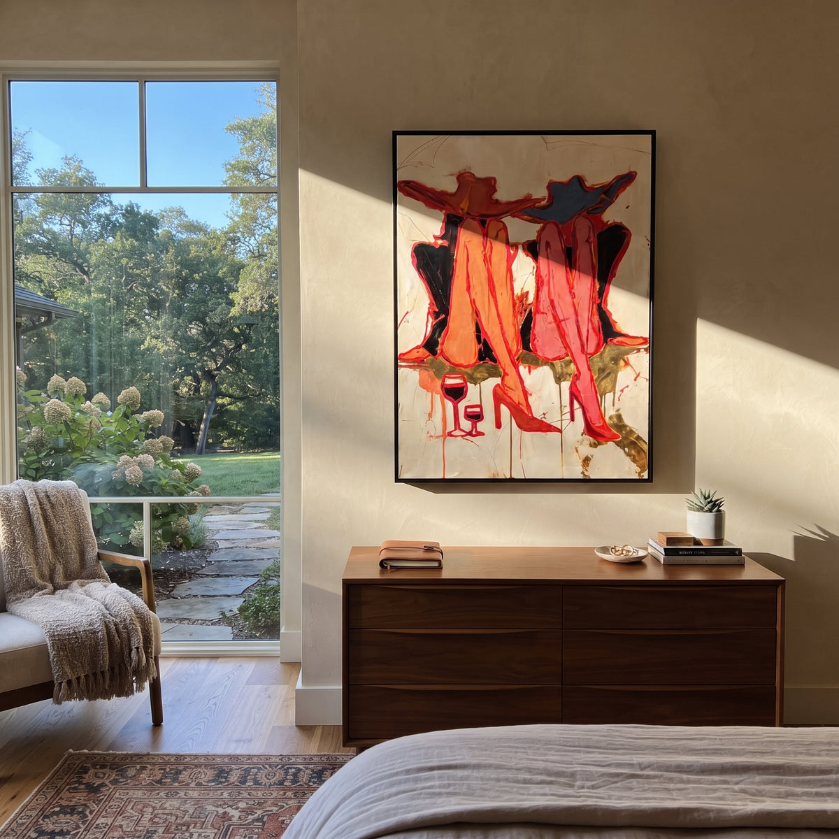 Twin Red Boot Toast is written from the actual artwork image, focusing on two sets of red boots with wine glasses and hat silhouettes on pale ground. The composition is built from specific visible details: paired red boots, wine glasses, blue hat shape, cream ground, and fashion still-life rhythm. The vertical composition keeps attention on paired red boots, wine glasses, blue hat shape, cream ground, and fashion still-life rhythm, using open ground, cropped edges, and strong color blocks to
