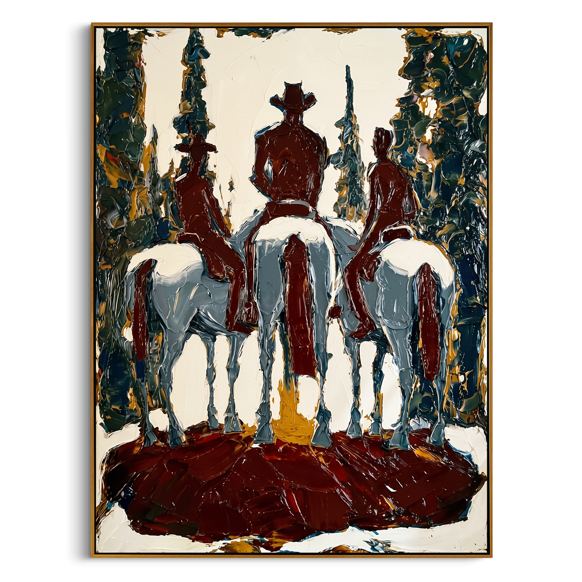 Back Road Cowboy Trio is written from the actual artwork image, focusing on three riders seen from behind on white horses inside a dark forest road. The composition is built from specific visible details: three mounted figures, white horse backs, dark trees, red road shadow, and centered trail depth. The vertical composition keeps attention on three mounted figures, white horse backs, dark trees, red road shadow, and centered trail depth, using open ground, cropped edges, and strong color blocks