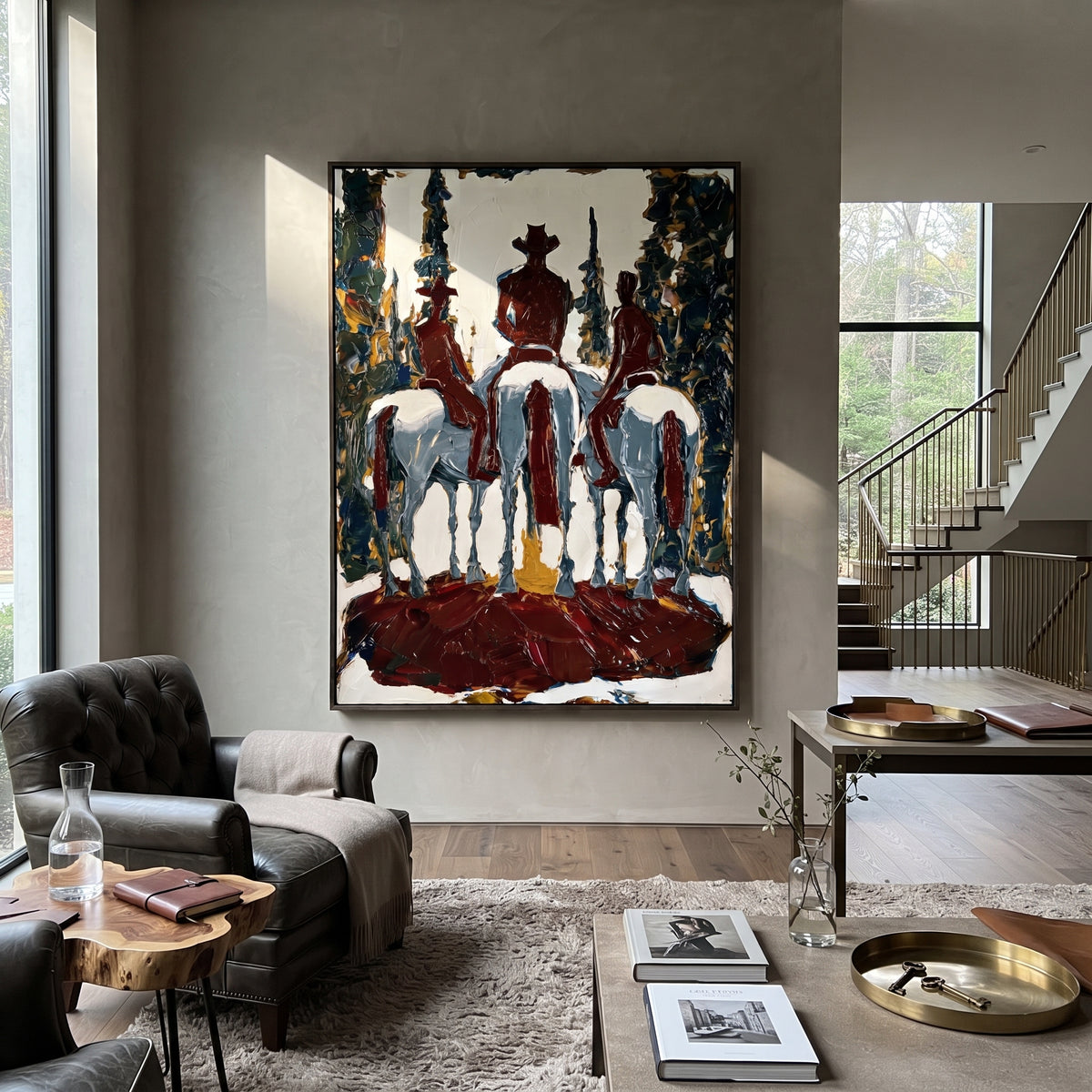 Back Road Cowboy Trio is written from the actual artwork image, focusing on three riders seen from behind on white horses inside a dark forest road. The composition is built from specific visible details: three mounted figures, white horse backs, dark trees, red road shadow, and centered trail depth. The vertical composition keeps attention on three mounted figures, white horse backs, dark trees, red road shadow, and centered trail depth, using open ground, cropped edges, and strong color blocks