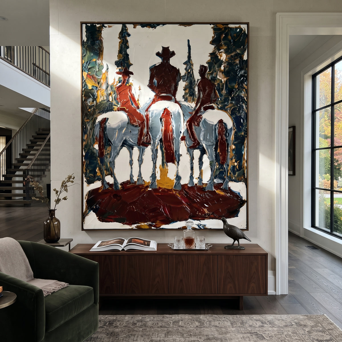 Back Road Cowboy Trio is written from the actual artwork image, focusing on three riders seen from behind on white horses inside a dark forest road. The composition is built from specific visible details: three mounted figures, white horse backs, dark trees, red road shadow, and centered trail depth. The vertical composition keeps attention on three mounted figures, white horse backs, dark trees, red road shadow, and centered trail depth, using open ground, cropped edges, and strong color blocks