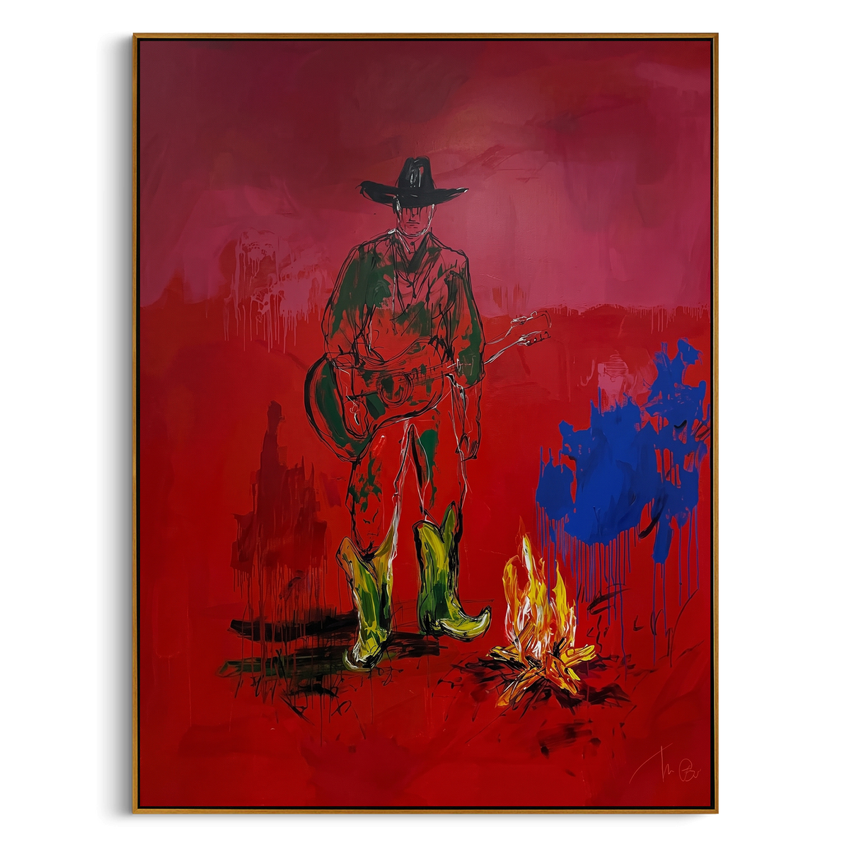 Red Firelight Cowboy is written from the actual artwork image, focusing on a lone cowboy standing near a small fire on a red night ground. The composition is built from specific visible details: lone figure, small campfire glow, red field, green clothing, and blue accent patch. The vertical composition keeps attention on lone figure, small campfire glow, red field, green clothing, and blue accent patch, using open ground, cropped edges, and strong color blocks to make the scene feel direct and