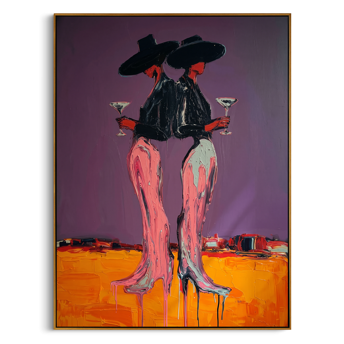 Neon Desert Cowgirls is written from the actual artwork image, focusing on two cowgirls in black hats standing close on an orange desert floor. The composition is built from specific visible details: paired black hats, pink legs, orange ground, purple wall, and cocktail-like stance. The vertical composition keeps attention on paired black hats, pink legs, orange ground, purple wall, and cocktail-like stance, using open ground, cropped edges, and strong color blocks to make the scene feel direct