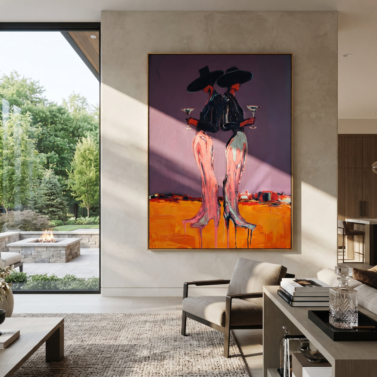 Neon Desert Cowgirls is written from the actual artwork image, focusing on two cowgirls in black hats standing close on an orange desert floor. The composition is built from specific visible details: paired black hats, pink legs, orange ground, purple wall, and cocktail-like stance. The vertical composition keeps attention on paired black hats, pink legs, orange ground, purple wall, and cocktail-like stance, using open ground, cropped edges, and strong color blocks to make the scene feel direct