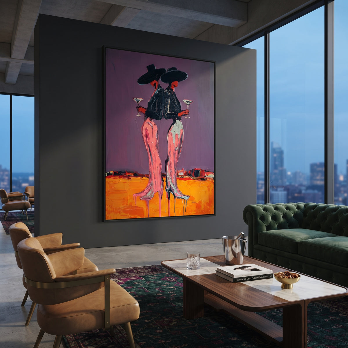 Neon Desert Cowgirls is written from the actual artwork image, focusing on two cowgirls in black hats standing close on an orange desert floor. The composition is built from specific visible details: paired black hats, pink legs, orange ground, purple wall, and cocktail-like stance. The vertical composition keeps attention on paired black hats, pink legs, orange ground, purple wall, and cocktail-like stance, using open ground, cropped edges, and strong color blocks to make the scene feel direct