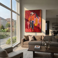 Crow Witness Cowgirl is written from the actual artwork image, focusing on a seated cowboy figure with black crow on a red room interior. The composition is built from specific visible details: white hat, black crow, seated orange figure, red wall, yellow chair blocks, and witness-like bird pose. The vertical composition keeps attention on white hat, black crow, seated orange figure, red wall, yellow chair blocks, and witness-like bird pose, using open ground, cropped edges, and strong color