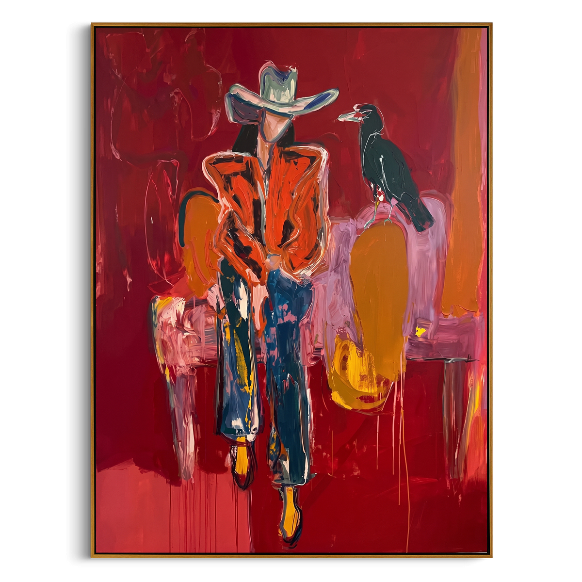 Crow Witness Cowgirl is written from the actual artwork image, focusing on a seated cowboy figure with black crow on a red room interior. The composition is built from specific visible details: white hat, black crow, seated orange figure, red wall, yellow chair blocks, and witness-like bird pose. The vertical composition keeps attention on white hat, black crow, seated orange figure, red wall, yellow chair blocks, and witness-like bird pose, using open ground, cropped edges, and strong color