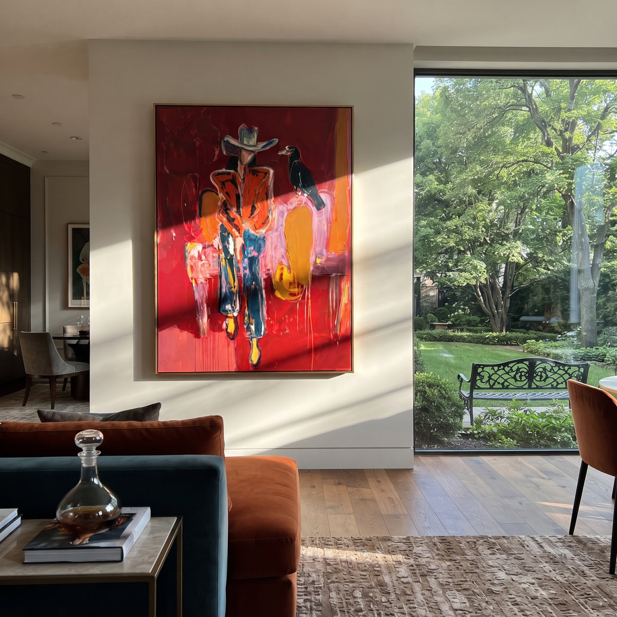 Crow Witness Cowgirl is written from the actual artwork image, focusing on a seated cowboy figure with black crow on a red room interior. The composition is built from specific visible details: white hat, black crow, seated orange figure, red wall, yellow chair blocks, and witness-like bird pose. The vertical composition keeps attention on white hat, black crow, seated orange figure, red wall, yellow chair blocks, and witness-like bird pose, using open ground, cropped edges, and strong color
