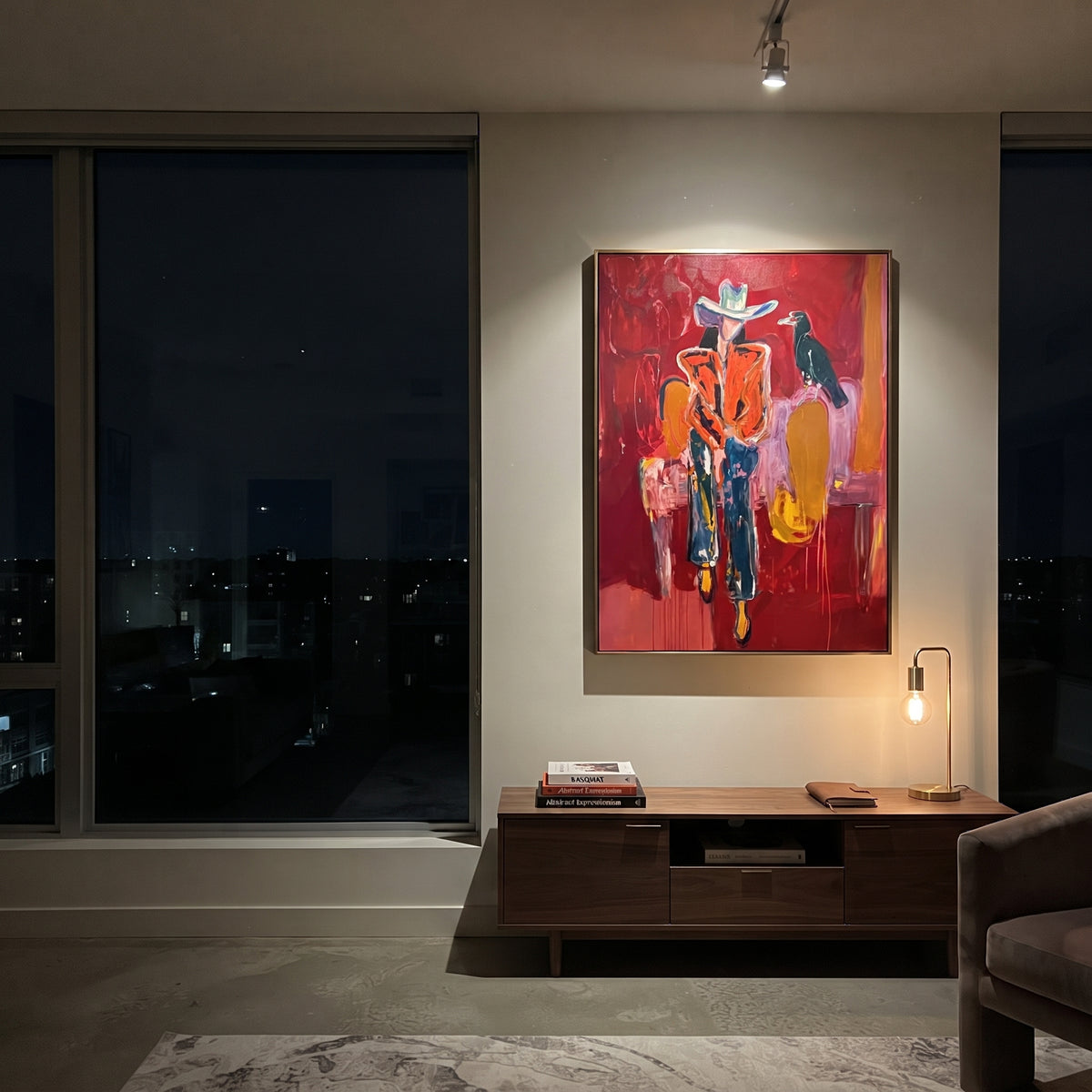 Crow Witness Cowgirl is written from the actual artwork image, focusing on a seated cowboy figure with black crow on a red room interior. The composition is built from specific visible details: white hat, black crow, seated orange figure, red wall, yellow chair blocks, and witness-like bird pose. The vertical composition keeps attention on white hat, black crow, seated orange figure, red wall, yellow chair blocks, and witness-like bird pose, using open ground, cropped edges, and strong color