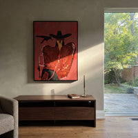 Crimson Crow Companion is written from the actual artwork image, focusing on a black-hat cowgirl beside a crow and drink on a deep crimson ground. The composition is built from specific visible details: black hat, crow silhouette, crimson chair shape, drink at side, and close intimate western mood. The vertical composition keeps attention on black hat, crow silhouette, crimson chair shape, drink at side, and close intimate western mood, using open ground, cropped edges, and strong color blocks