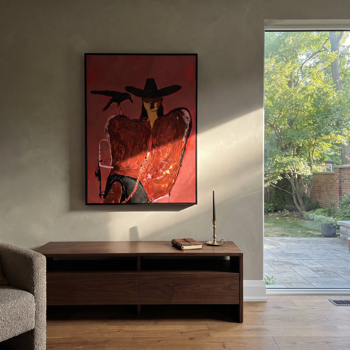 Crimson Crow Companion is written from the actual artwork image, focusing on a black-hat cowgirl beside a crow and drink on a deep crimson ground. The composition is built from specific visible details: black hat, crow silhouette, crimson chair shape, drink at side, and close intimate western mood. The vertical composition keeps attention on black hat, crow silhouette, crimson chair shape, drink at side, and close intimate western mood, using open ground, cropped edges, and strong color blocks