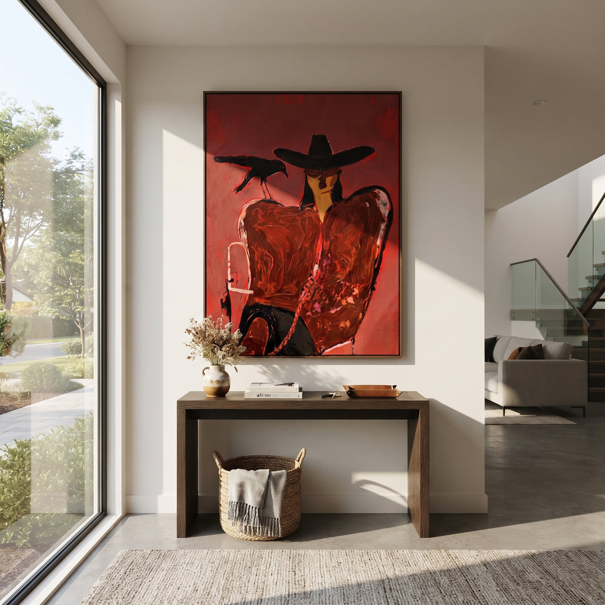 Crimson Crow Companion is written from the actual artwork image, focusing on a black-hat cowgirl beside a crow and drink on a deep crimson ground. The composition is built from specific visible details: black hat, crow silhouette, crimson chair shape, drink at side, and close intimate western mood. The vertical composition keeps attention on black hat, crow silhouette, crimson chair shape, drink at side, and close intimate western mood, using open ground, cropped edges, and strong color blocks