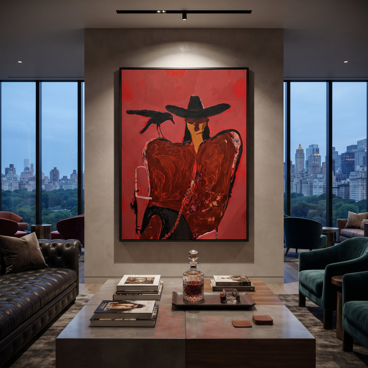 Crimson Crow Companion is written from the actual artwork image, focusing on a black-hat cowgirl beside a crow and drink on a deep crimson ground. The composition is built from specific visible details: black hat, crow silhouette, crimson chair shape, drink at side, and close intimate western mood. The vertical composition keeps attention on black hat, crow silhouette, crimson chair shape, drink at side, and close intimate western mood, using open ground, cropped edges, and strong color blocks