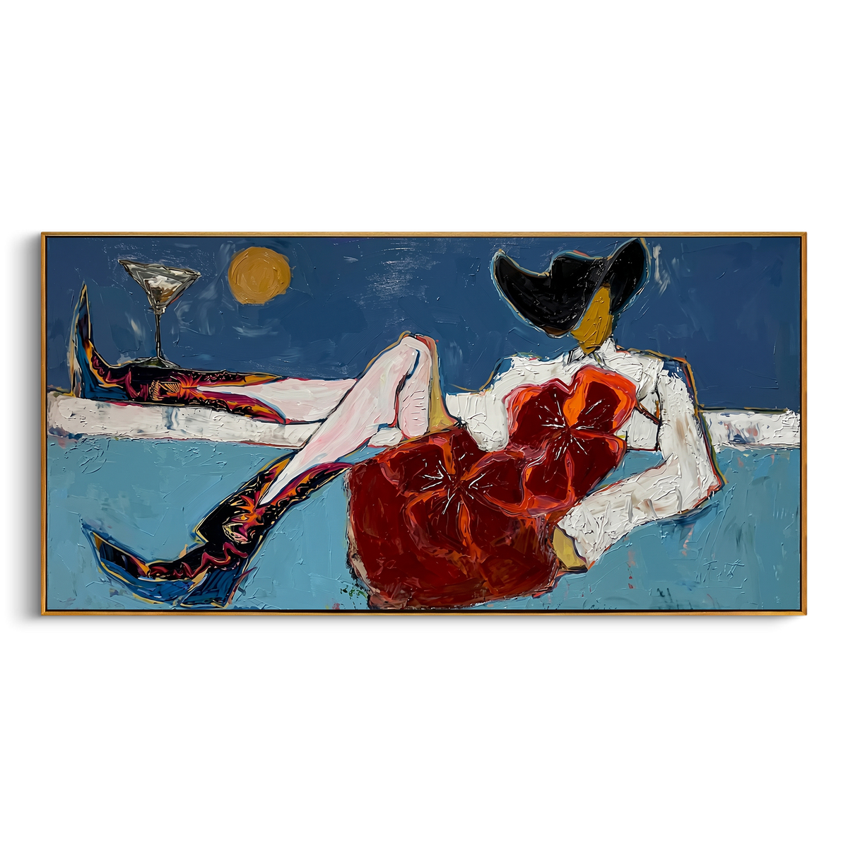 Nightcap Reclining Cowgirl is written from the actual artwork image, focusing on a reclining cowgirl with red dress, boots, and moonlit drink on a blue field. The composition is built from specific visible details: reclining white-hat figure, red dress, black boots, small moon, cocktail, and horizontal lounge composition. The wide composition keeps attention on reclining white-hat figure, red dress, black boots, small moon, cocktail, and horizontal lounge composition, using open ground, cropped
