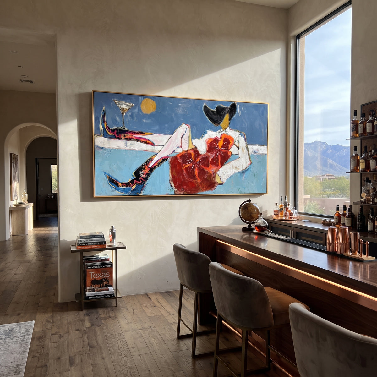 Nightcap Reclining Cowgirl is written from the actual artwork image, focusing on a reclining cowgirl with red dress, boots, and moonlit drink on a blue field. The composition is built from specific visible details: reclining white-hat figure, red dress, black boots, small moon, cocktail, and horizontal lounge composition. The wide composition keeps attention on reclining white-hat figure, red dress, black boots, small moon, cocktail, and horizontal lounge composition, using open ground, cropped