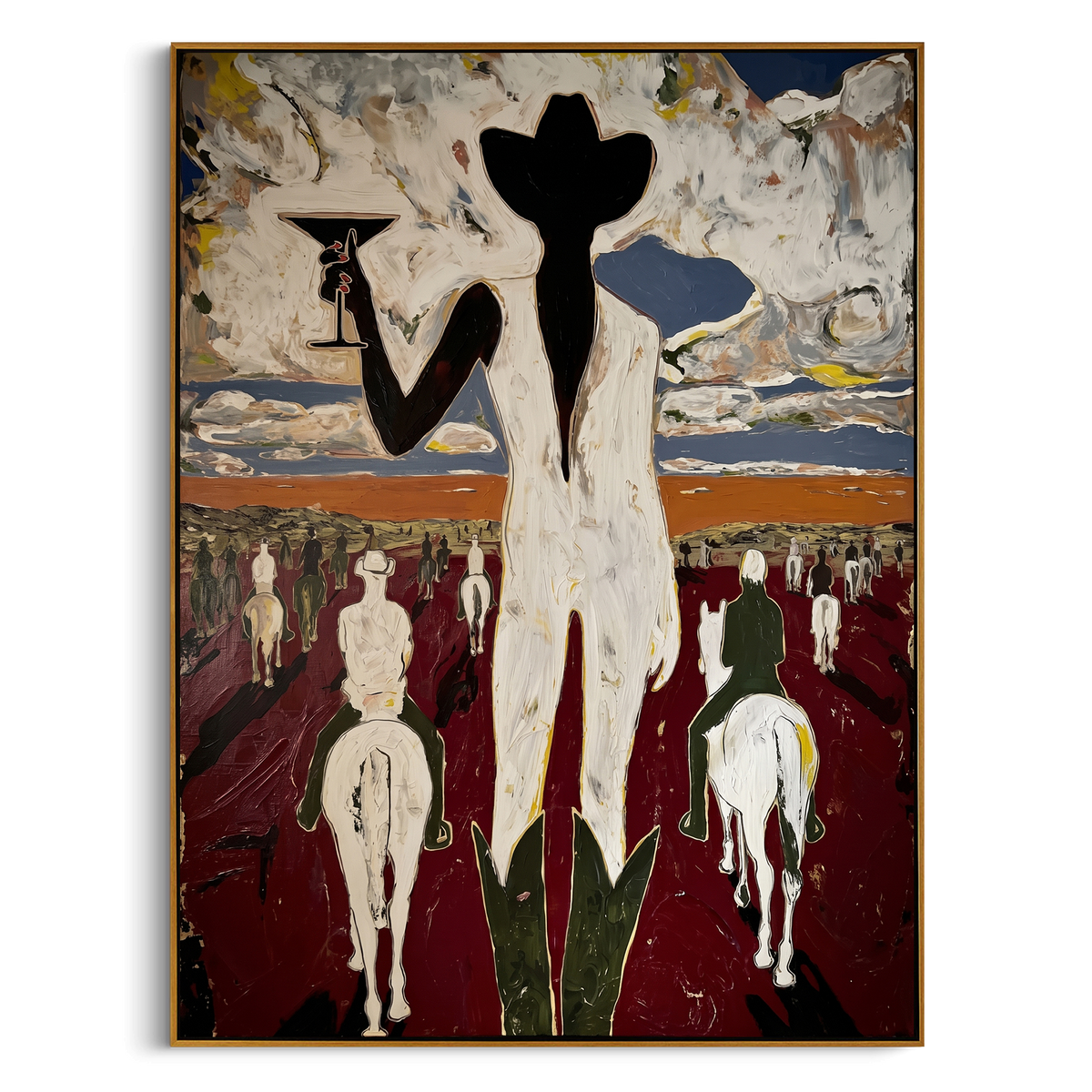 "Long Ride Home Figures" - Modern Heavy Impasto Western Animal Artwork | White & Black Palette Knife Painting | Luxury Vertical Wall Art #PT 2379