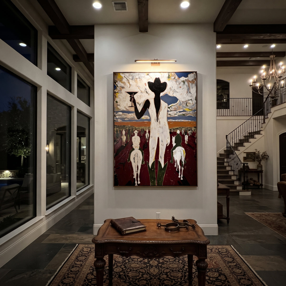 Long Ride Home Figures is written from the actual artwork image, focusing on white cowboy silhouettes moving through a textured western crowd scene. The composition is built from specific visible details: tall white silhouette, small horse-and-rider shapes, smoky sky, red ground, and crowd-like lower movement. The vertical composition keeps attention on tall white silhouette, small horse-and-rider shapes, smoky sky, red ground, and crowd-like lower movement, using open ground, cropped edges, and