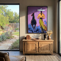 Purple Horse Cowgirl is written from the actual artwork image, focusing on a cowgirl walking beside a black horse on a violet and green field. The composition is built from specific visible details: black horse, wide pale hat, green skirt, violet sky, and side-by-side companion movement. The vertical composition keeps attention on black horse, wide pale hat, green skirt, violet sky, and side-by-side companion movement, using open ground, cropped edges, and strong color blocks to make the scene
