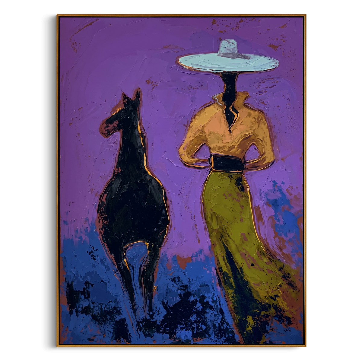 Purple Horse Cowgirl is written from the actual artwork image, focusing on a cowgirl walking beside a black horse on a violet and green field. The composition is built from specific visible details: black horse, wide pale hat, green skirt, violet sky, and side-by-side companion movement. The vertical composition keeps attention on black horse, wide pale hat, green skirt, violet sky, and side-by-side companion movement, using open ground, cropped edges, and strong color blocks to make the scene