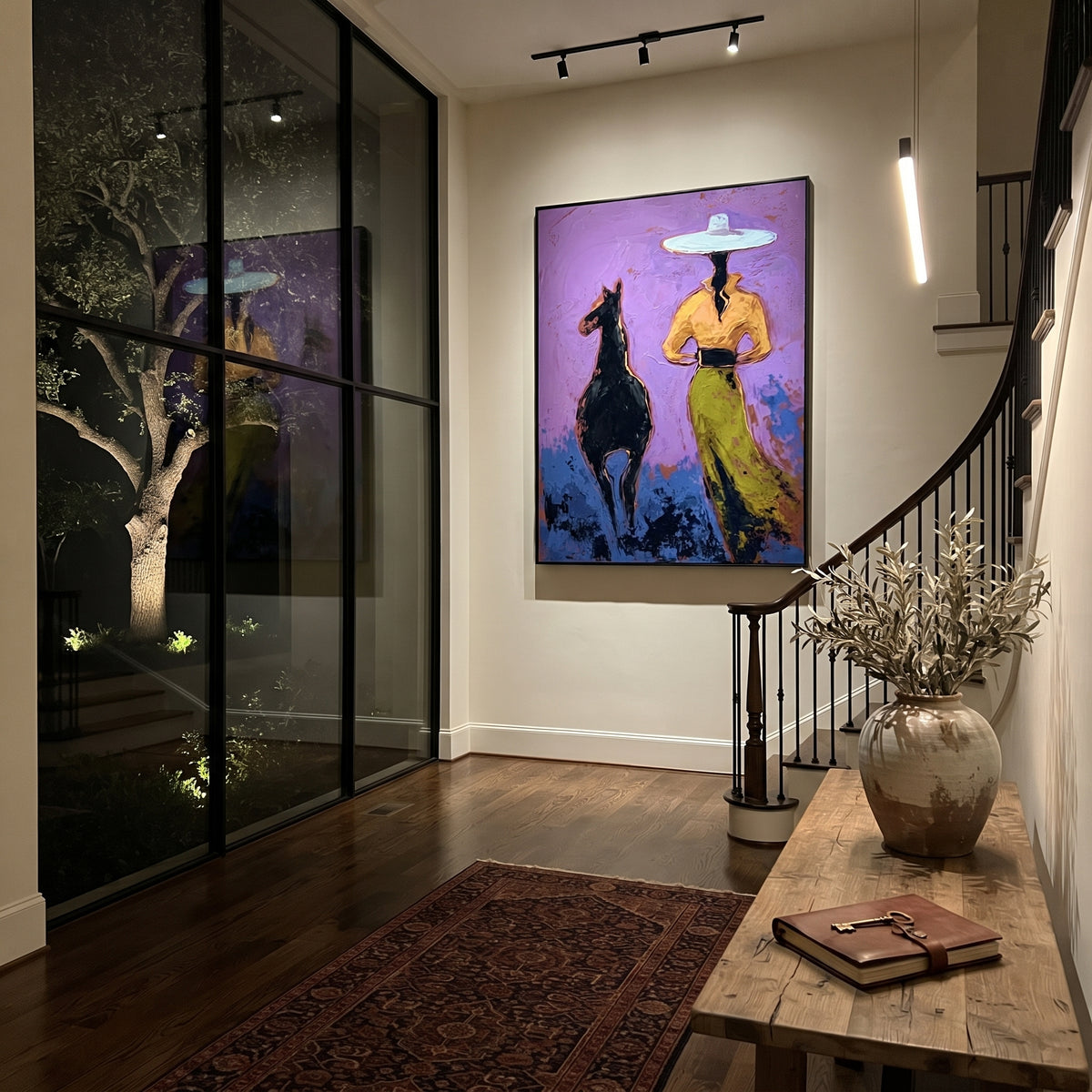 Purple Horse Cowgirl is written from the actual artwork image, focusing on a cowgirl walking beside a black horse on a violet and green field. The composition is built from specific visible details: black horse, wide pale hat, green skirt, violet sky, and side-by-side companion movement. The vertical composition keeps attention on black horse, wide pale hat, green skirt, violet sky, and side-by-side companion movement, using open ground, cropped edges, and strong color blocks to make the scene