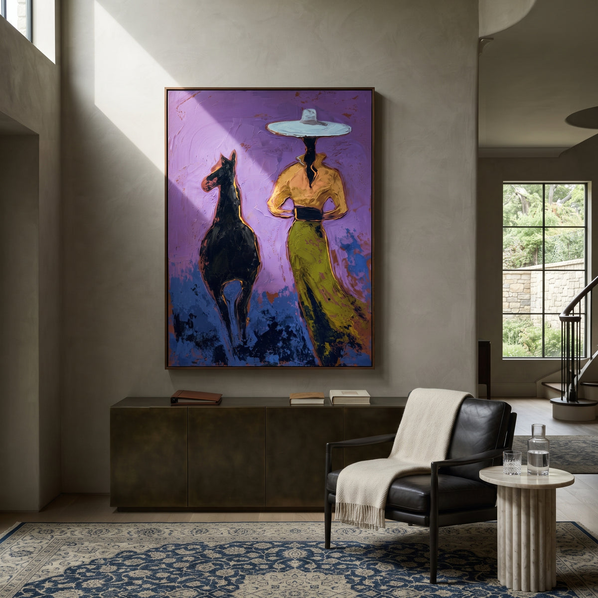 Purple Horse Cowgirl is written from the actual artwork image, focusing on a cowgirl walking beside a black horse on a violet and green field. The composition is built from specific visible details: black horse, wide pale hat, green skirt, violet sky, and side-by-side companion movement. The vertical composition keeps attention on black horse, wide pale hat, green skirt, violet sky, and side-by-side companion movement, using open ground, cropped edges, and strong color blocks to make the scene