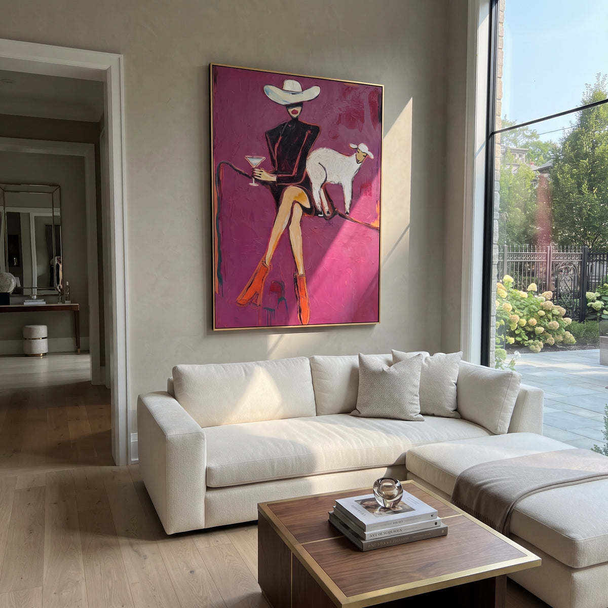 Magenta Goat Hour Cowgirl is written from the actual artwork image, focusing on a seated black-clad cowgirl beside a pale goat on a magenta background. The composition is built from specific visible details: black outfit, pale goat, martini glass, crossed legs, magenta field, and quiet western oddity. The vertical composition keeps attention on black outfit, pale goat, martini glass, crossed legs, magenta field, and quiet western oddity, using open ground, cropped edges, and strong color blocks