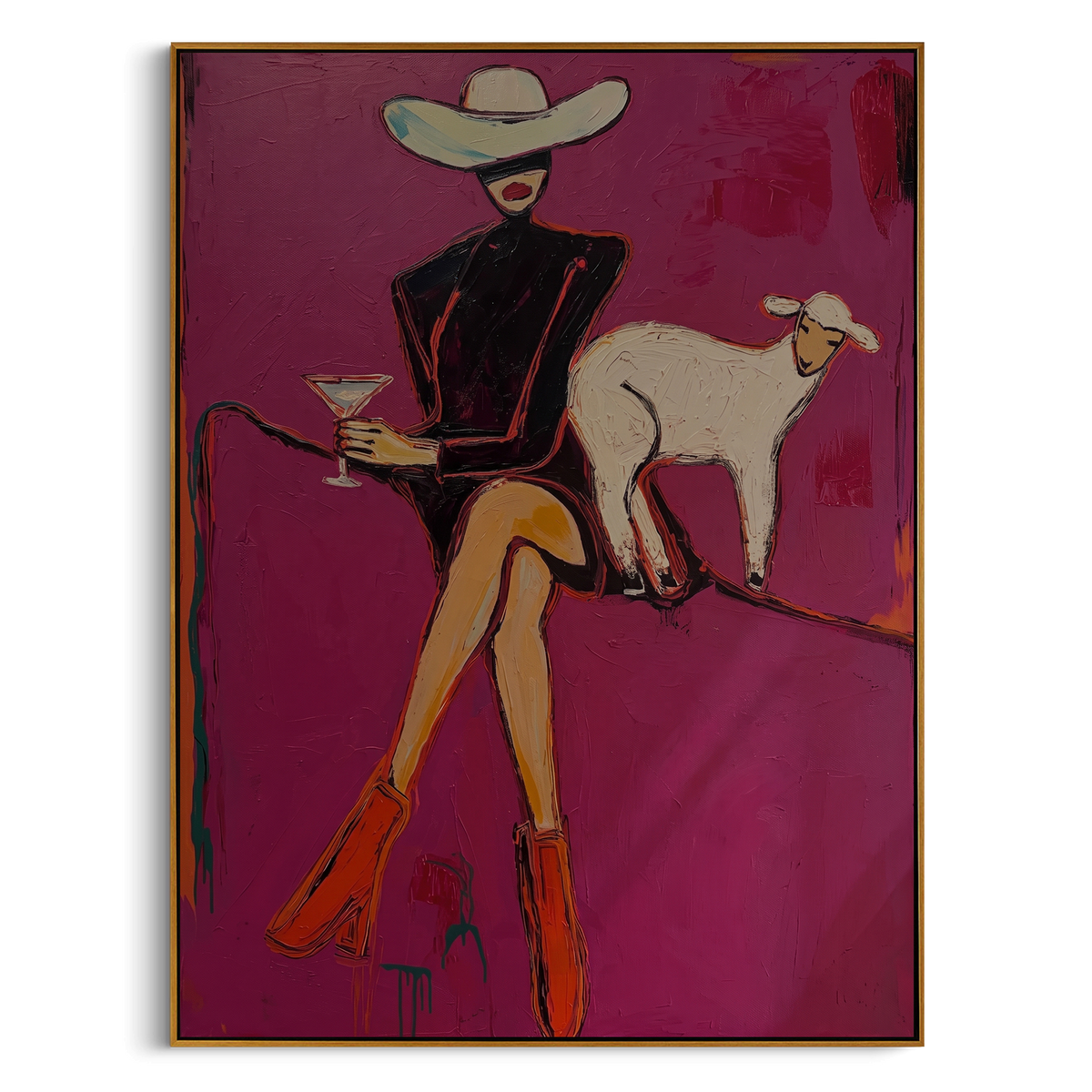"Magenta Goat Hour Cowgirl" - Modern Heavy Impasto Western Animal Artwork | Pink & Black Palette Knife Painting | Luxury Vertical Wall Art #PT 2381