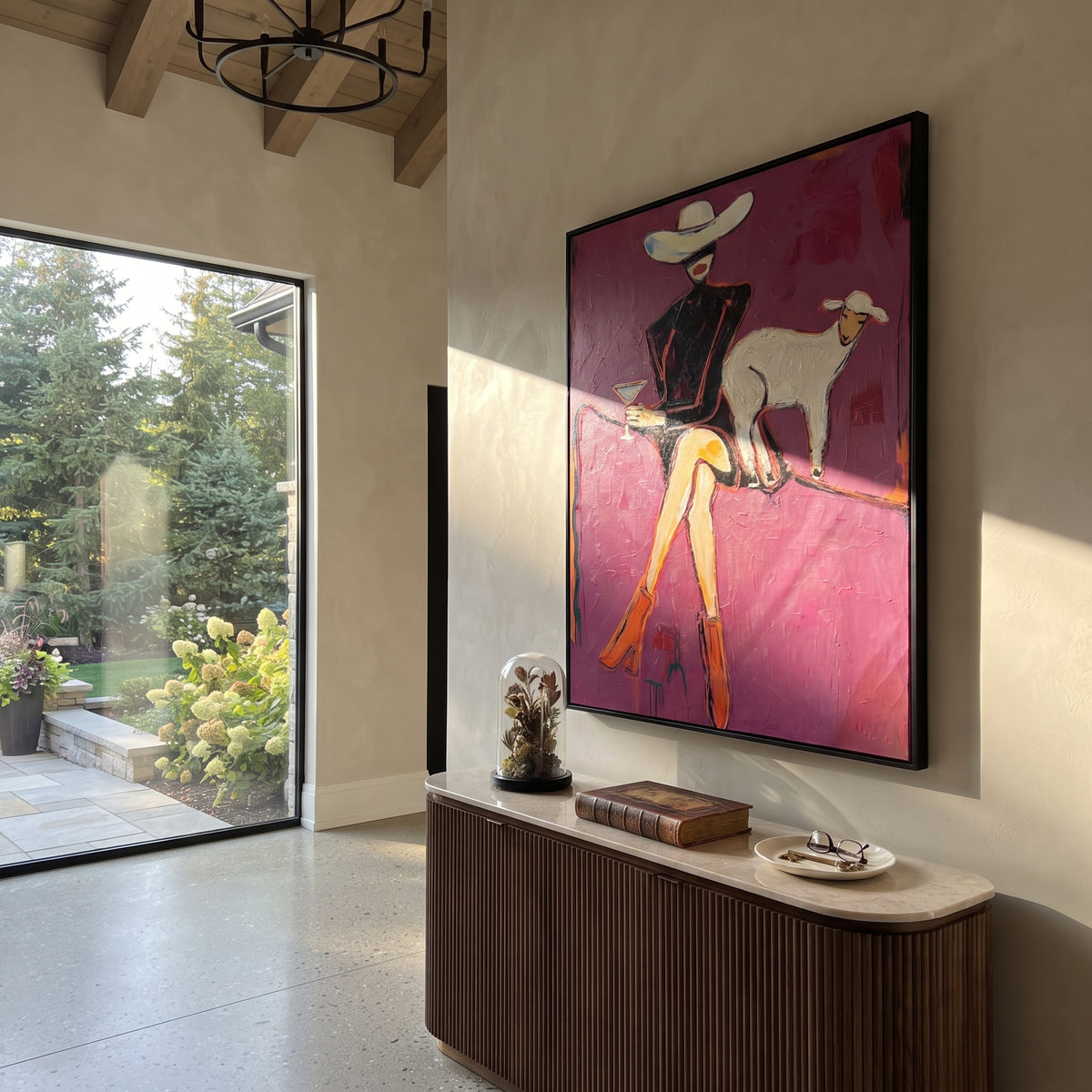 Magenta Goat Hour Cowgirl is written from the actual artwork image, focusing on a seated black-clad cowgirl beside a pale goat on a magenta background. The composition is built from specific visible details: black outfit, pale goat, martini glass, crossed legs, magenta field, and quiet western oddity. The vertical composition keeps attention on black outfit, pale goat, martini glass, crossed legs, magenta field, and quiet western oddity, using open ground, cropped edges, and strong color blocks