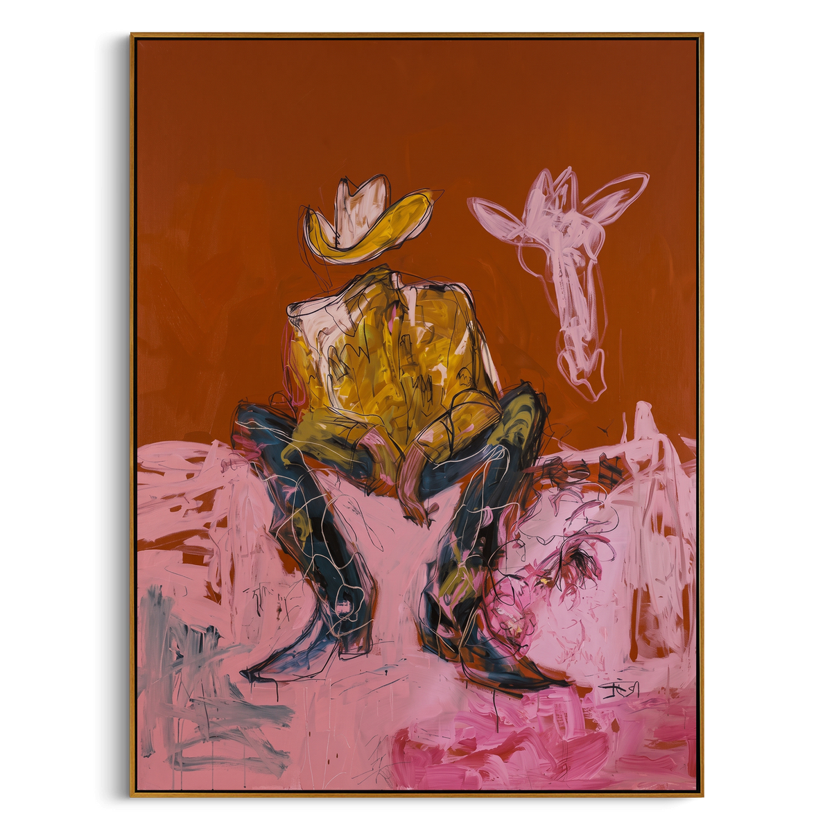 Ochre Cowboy Dreams is written from the actual artwork image, focusing on a seated cowboy with white hat and pale animal companion on ochre and pink. The composition is built from specific visible details: seated cowboy, pale animal head, ochre wall, pink seat, white hat, and dreamy western stillness. The vertical composition keeps attention on seated cowboy, pale animal head, ochre wall, pink seat, white hat, and dreamy western stillness, using open ground, cropped edges, and strong color