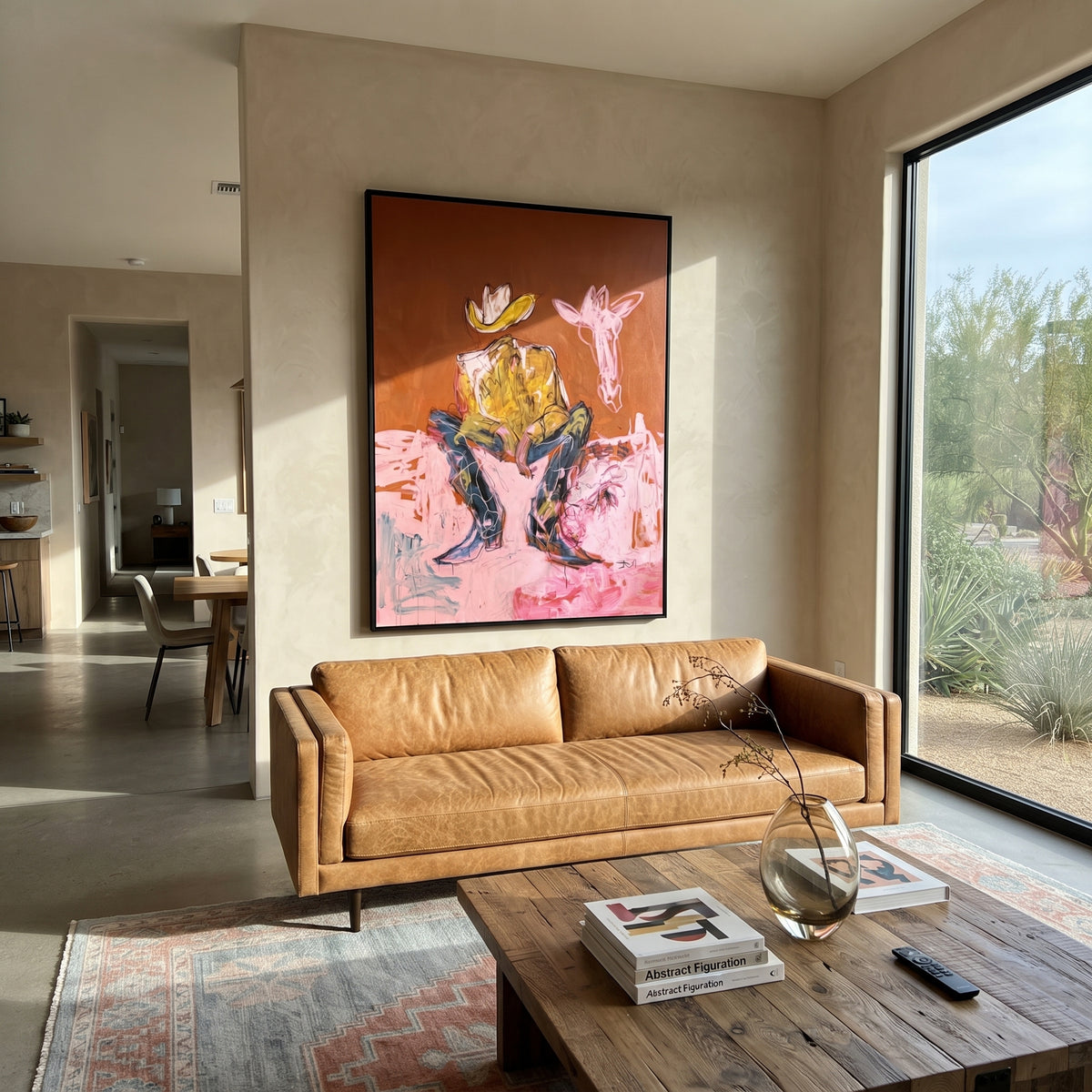 Ochre Cowboy Dreams is written from the actual artwork image, focusing on a seated cowboy with white hat and pale animal companion on ochre and pink. The composition is built from specific visible details: seated cowboy, pale animal head, ochre wall, pink seat, white hat, and dreamy western stillness. The vertical composition keeps attention on seated cowboy, pale animal head, ochre wall, pink seat, white hat, and dreamy western stillness, using open ground, cropped edges, and strong color