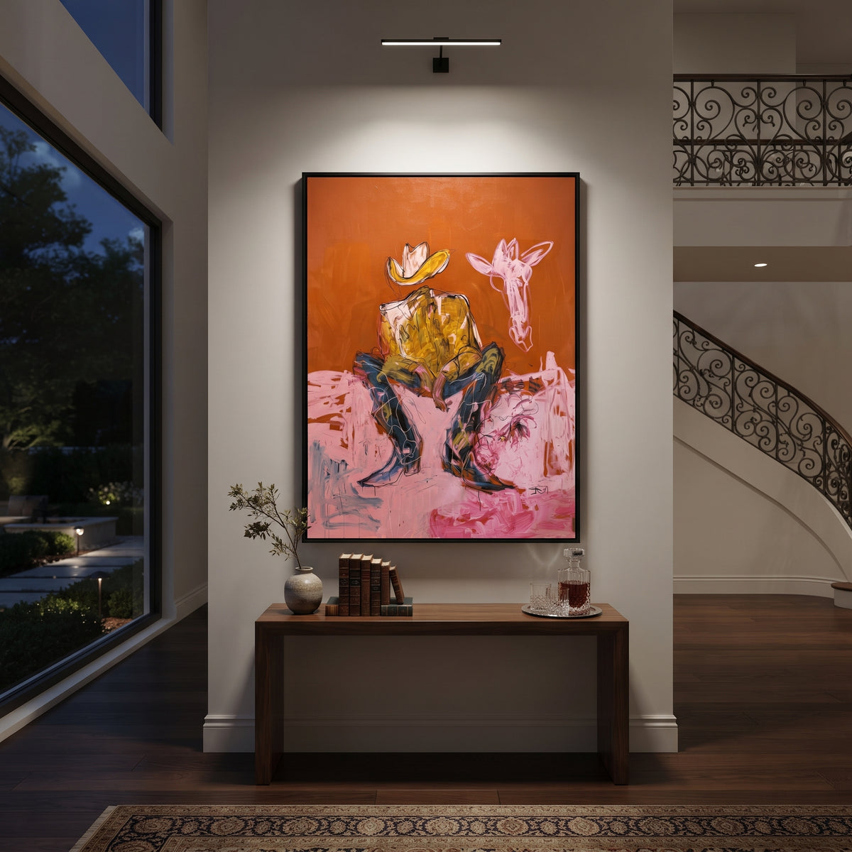 Ochre Cowboy Dreams is written from the actual artwork image, focusing on a seated cowboy with white hat and pale animal companion on ochre and pink. The composition is built from specific visible details: seated cowboy, pale animal head, ochre wall, pink seat, white hat, and dreamy western stillness. The vertical composition keeps attention on seated cowboy, pale animal head, ochre wall, pink seat, white hat, and dreamy western stillness, using open ground, cropped edges, and strong color