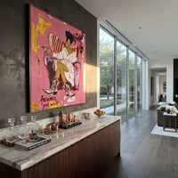 Pink Lounge Cowgirl is written from the actual artwork image, focusing on a seated lounge cowgirl in white robe and black hat on a pink room field. The composition is built from specific visible details: white robe, black hat, chair cushion, yellow legs, pink wall, and painted lettering near the base. The vertical composition keeps attention on white robe, black hat, chair cushion, yellow legs, pink wall, and painted lettering near the base, using open ground, cropped edges, and strong color