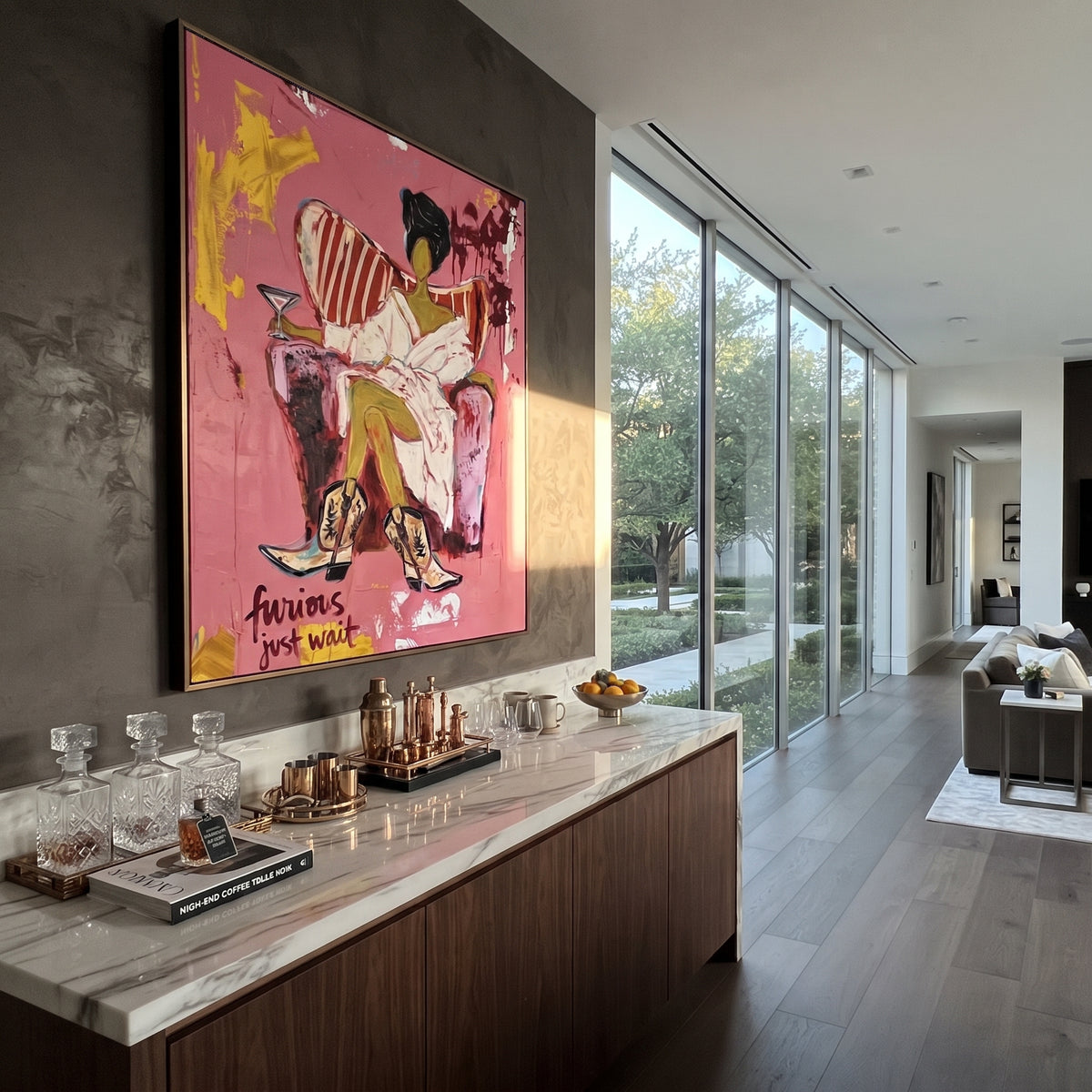 Pink Lounge Cowgirl is written from the actual artwork image, focusing on a seated lounge cowgirl in white robe and black hat on a pink room field. The composition is built from specific visible details: white robe, black hat, chair cushion, yellow legs, pink wall, and painted lettering near the base. The vertical composition keeps attention on white robe, black hat, chair cushion, yellow legs, pink wall, and painted lettering near the base, using open ground, cropped edges, and strong color