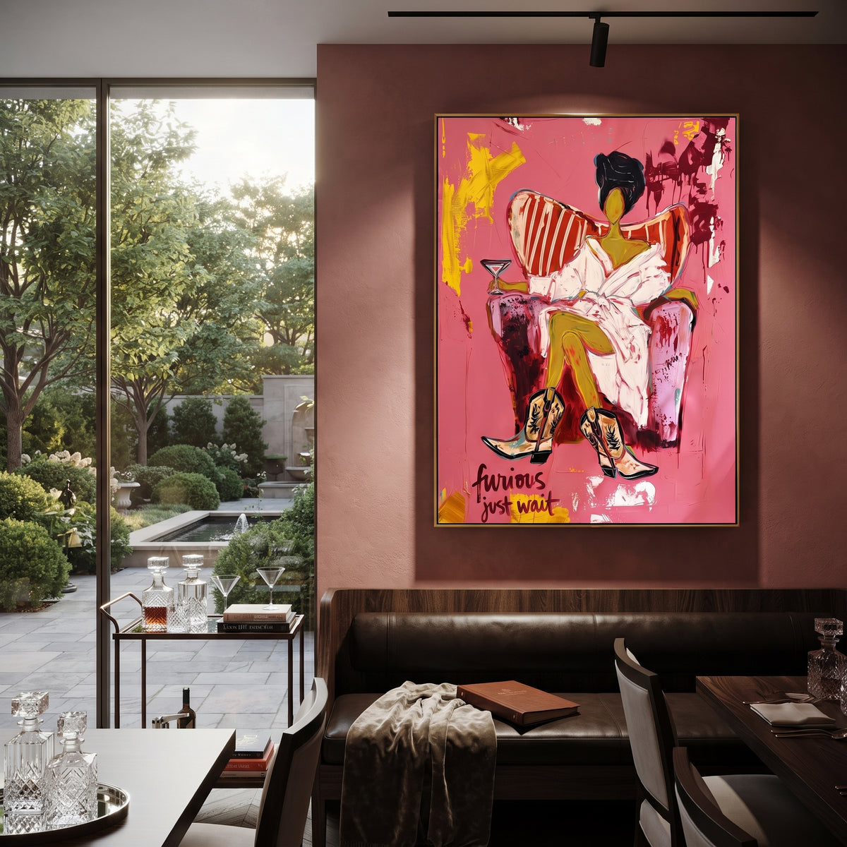 Pink Lounge Cowgirl is written from the actual artwork image, focusing on a seated lounge cowgirl in white robe and black hat on a pink room field. The composition is built from specific visible details: white robe, black hat, chair cushion, yellow legs, pink wall, and painted lettering near the base. The vertical composition keeps attention on white robe, black hat, chair cushion, yellow legs, pink wall, and painted lettering near the base, using open ground, cropped edges, and strong color