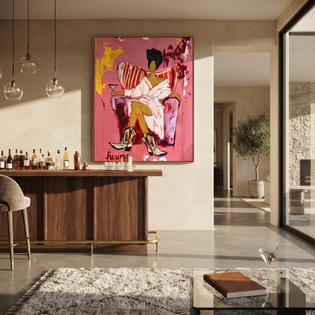 Pink Lounge Cowgirl is written from the actual artwork image, focusing on a seated lounge cowgirl in white robe and black hat on a pink room field. The composition is built from specific visible details: white robe, black hat, chair cushion, yellow legs, pink wall, and painted lettering near the base. The vertical composition keeps attention on white robe, black hat, chair cushion, yellow legs, pink wall, and painted lettering near the base, using open ground, cropped edges, and strong color