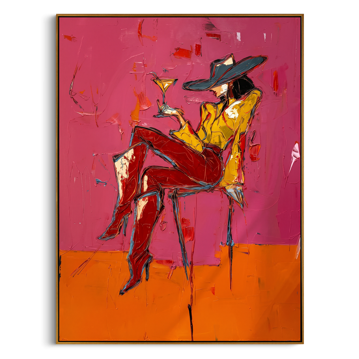 "Cocktail Cowgirl Red Chair" - Modern Heavy Impasto Western Animal Artwork | Pink & Orange Palette Knife Painting | Luxury Vertical Wall Art #PT 2384