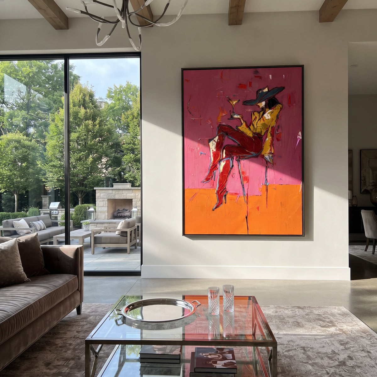 Cocktail Cowgirl Red Chair is written from the actual artwork image, focusing on a cowgirl in red chair with martini glass on hot pink and orange blocks. The composition is built from specific visible details: red chair, black hat, martini glass, yellow face, crossed legs, and split orange-pink background. The vertical composition keeps attention on red chair, black hat, martini glass, yellow face, crossed legs, and split orange-pink background, using open ground, cropped edges, and strong color