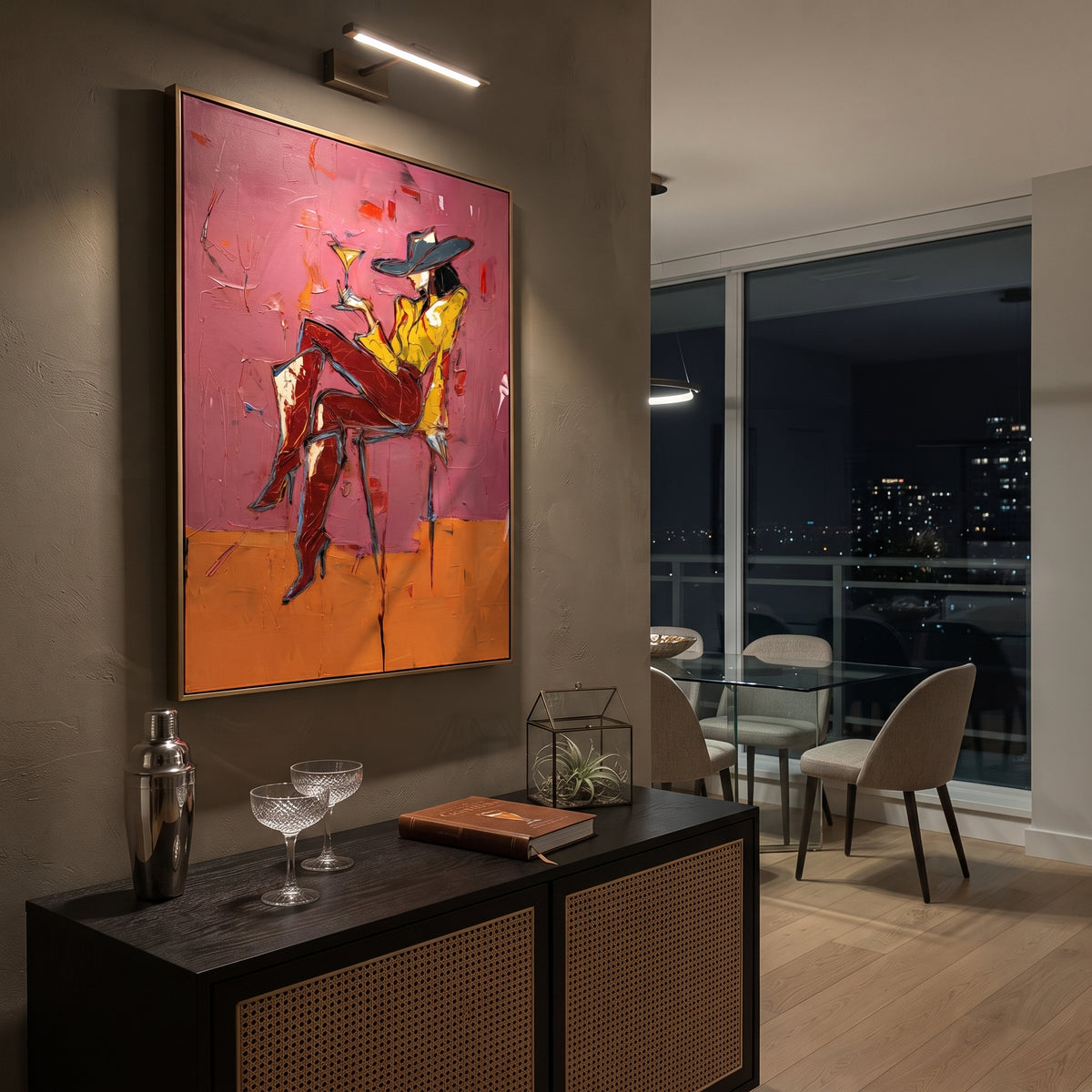 Cocktail Cowgirl Red Chair is written from the actual artwork image, focusing on a cowgirl in red chair with martini glass on hot pink and orange blocks. The composition is built from specific visible details: red chair, black hat, martini glass, yellow face, crossed legs, and split orange-pink background. The vertical composition keeps attention on red chair, black hat, martini glass, yellow face, crossed legs, and split orange-pink background, using open ground, cropped edges, and strong color