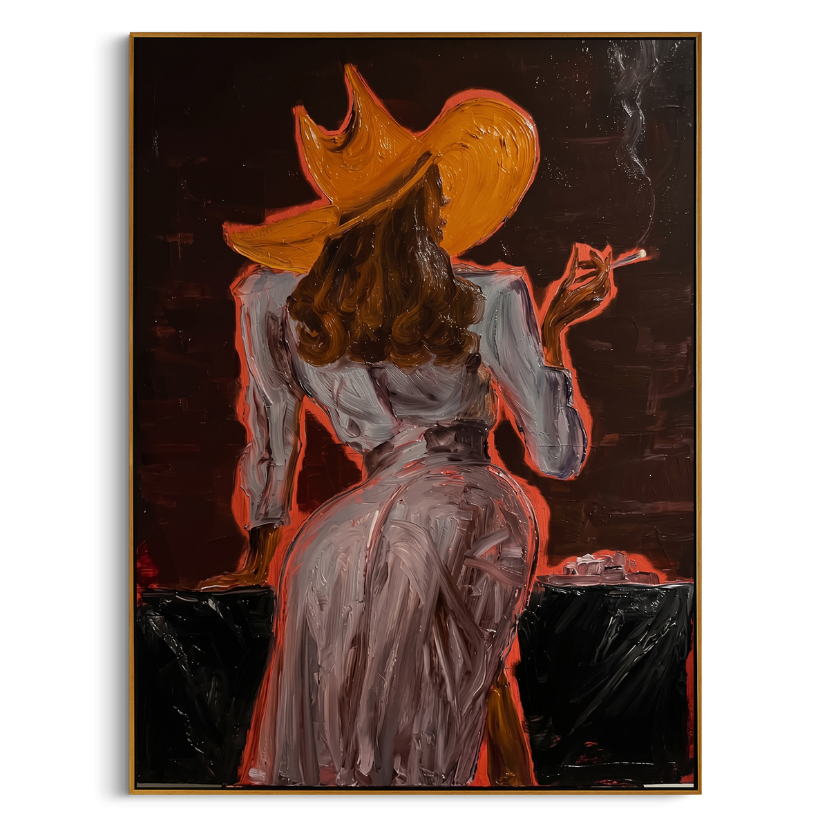 Ember Hat Back Figure is written from the actual artwork image, focusing on a back-facing woman in pale dress and orange hat against a dark ember room. The composition is built from specific visible details: back view figure, orange hat, pale dress, dark room, shoulder line, and ember-like side light. The vertical composition keeps attention on back view figure, orange hat, pale dress, dark room, shoulder line, and ember-like side light, using open ground, cropped edges, and strong color blocks