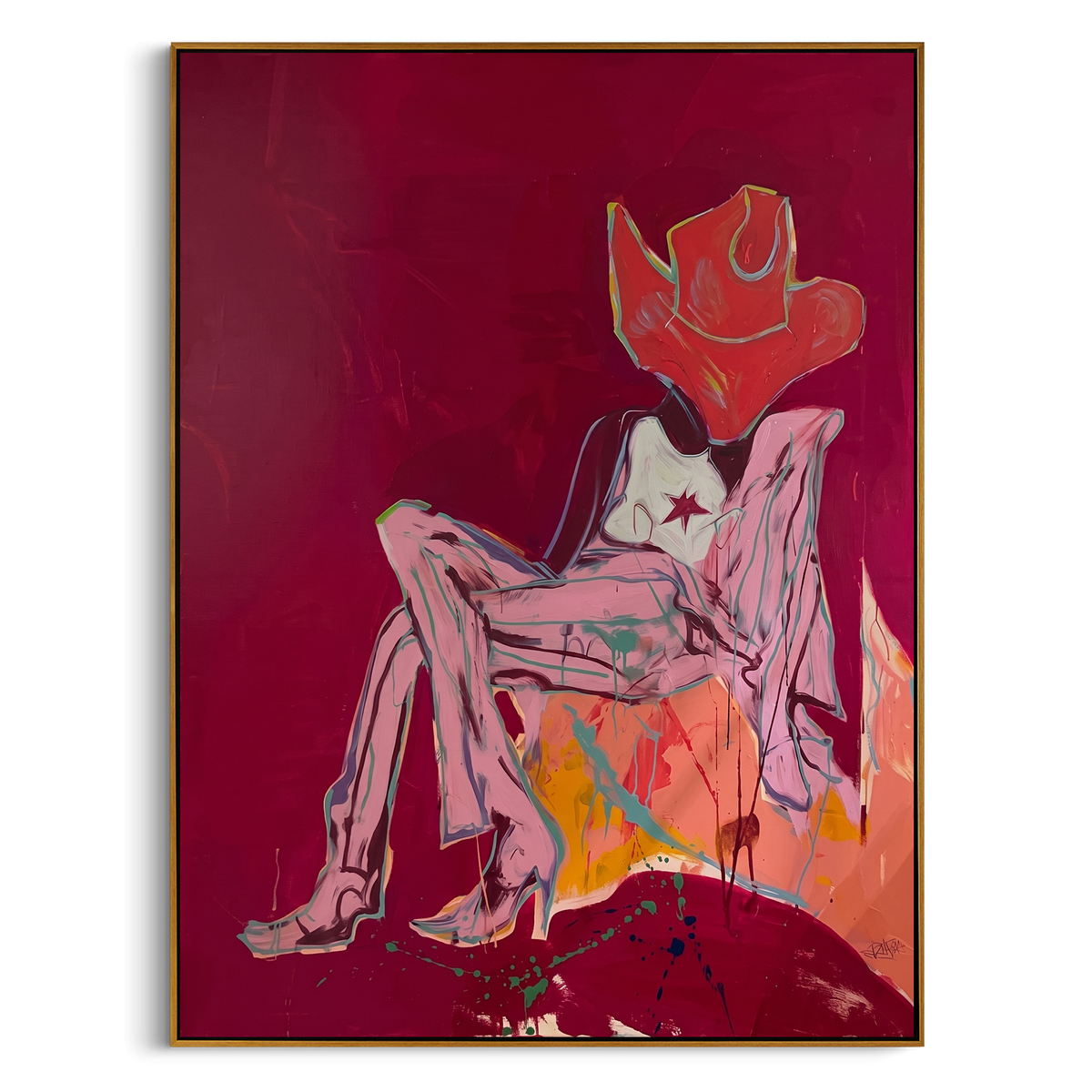 Off Duty Star Cowgirl is written from the actual artwork image, focusing on a seated off-duty cowgirl with star top, white boots, and red hat on burgundy. The composition is built from specific visible details: red cowboy hat, star top, white boots, crossed legs, burgundy field, and relaxed chair pose. The vertical composition keeps attention on red cowboy hat, star top, white boots, crossed legs, burgundy field, and relaxed chair pose, using open ground, cropped edges, and strong color blocks