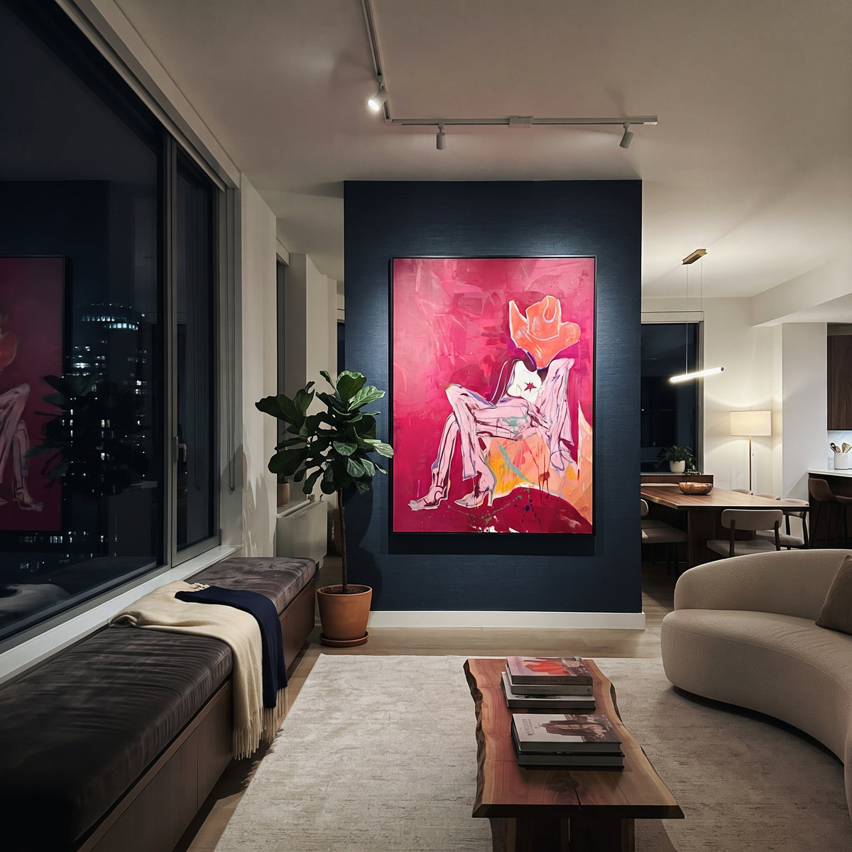 Off Duty Star Cowgirl is written from the actual artwork image, focusing on a seated off-duty cowgirl with star top, white boots, and red hat on burgundy. The composition is built from specific visible details: red cowboy hat, star top, white boots, crossed legs, burgundy field, and relaxed chair pose. The vertical composition keeps attention on red cowboy hat, star top, white boots, crossed legs, burgundy field, and relaxed chair pose, using open ground, cropped edges, and strong color blocks