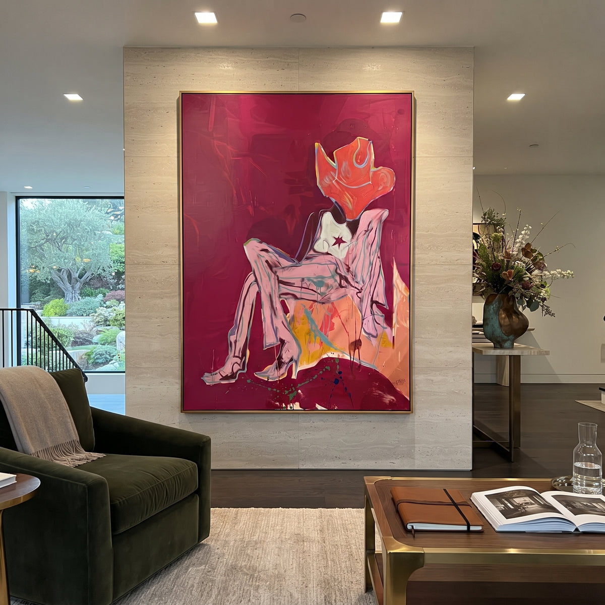 Off Duty Star Cowgirl is written from the actual artwork image, focusing on a seated off-duty cowgirl with star top, white boots, and red hat on burgundy. The composition is built from specific visible details: red cowboy hat, star top, white boots, crossed legs, burgundy field, and relaxed chair pose. The vertical composition keeps attention on red cowboy hat, star top, white boots, crossed legs, burgundy field, and relaxed chair pose, using open ground, cropped edges, and strong color blocks