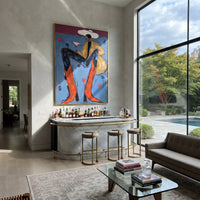 Blue Chair Martini Cowboy is written from the actual artwork image, focusing on a seated cowboy with martini glass, orange boots, and blue chair on dotted wall. The composition is built from specific visible details: blue chair, orange boots, tan coat, white hat, martini glass, and dotted blue wall. The vertical composition keeps attention on blue chair, orange boots, tan coat, white hat, martini glass, and dotted blue wall, using open ground, cropped edges, and strong color blocks to make the