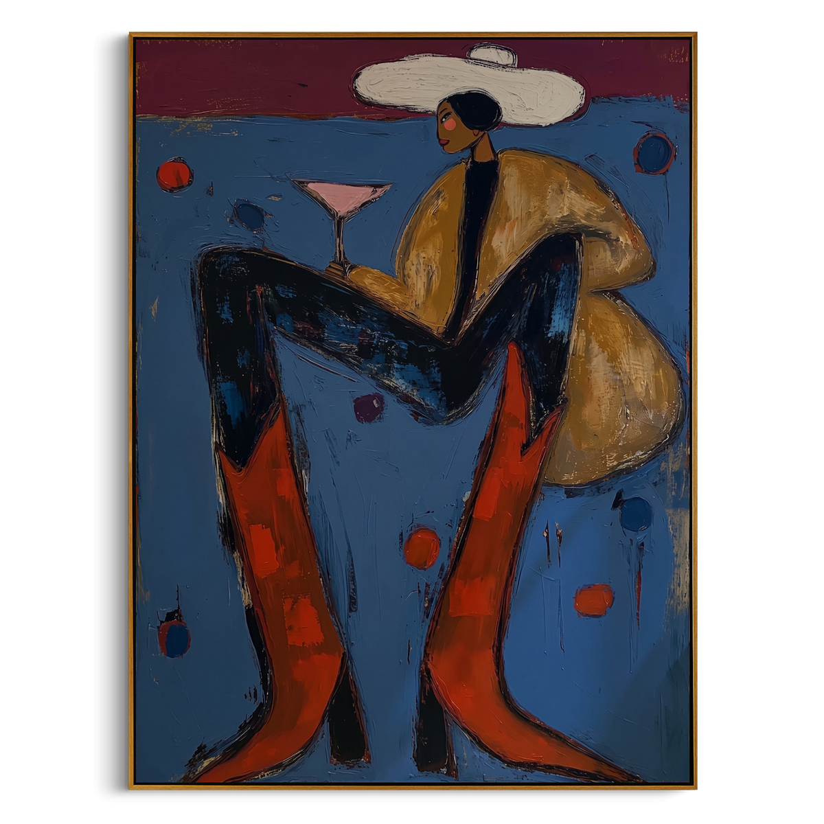Blue Chair Martini Cowboy is written from the actual artwork image, focusing on a seated cowboy with martini glass, orange boots, and blue chair on dotted wall. The composition is built from specific visible details: blue chair, orange boots, tan coat, white hat, martini glass, and dotted blue wall. The vertical composition keeps attention on blue chair, orange boots, tan coat, white hat, martini glass, and dotted blue wall, using open ground, cropped edges, and strong color blocks to make the