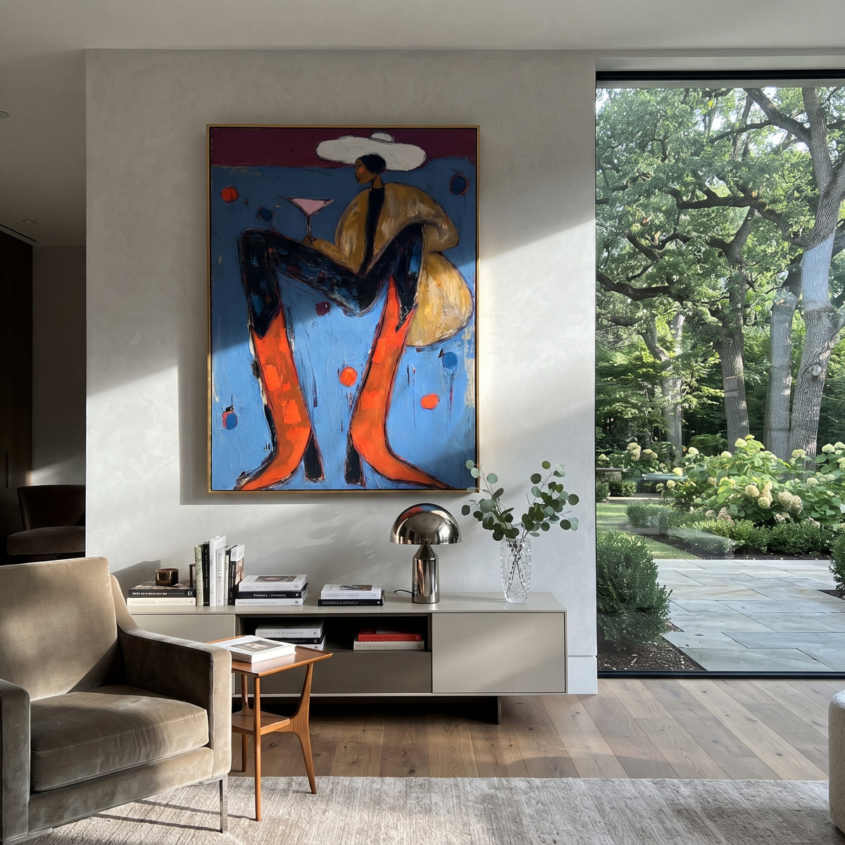 Blue Chair Martini Cowboy is written from the actual artwork image, focusing on a seated cowboy with martini glass, orange boots, and blue chair on dotted wall. The composition is built from specific visible details: blue chair, orange boots, tan coat, white hat, martini glass, and dotted blue wall. The vertical composition keeps attention on blue chair, orange boots, tan coat, white hat, martini glass, and dotted blue wall, using open ground, cropped edges, and strong color blocks to make the