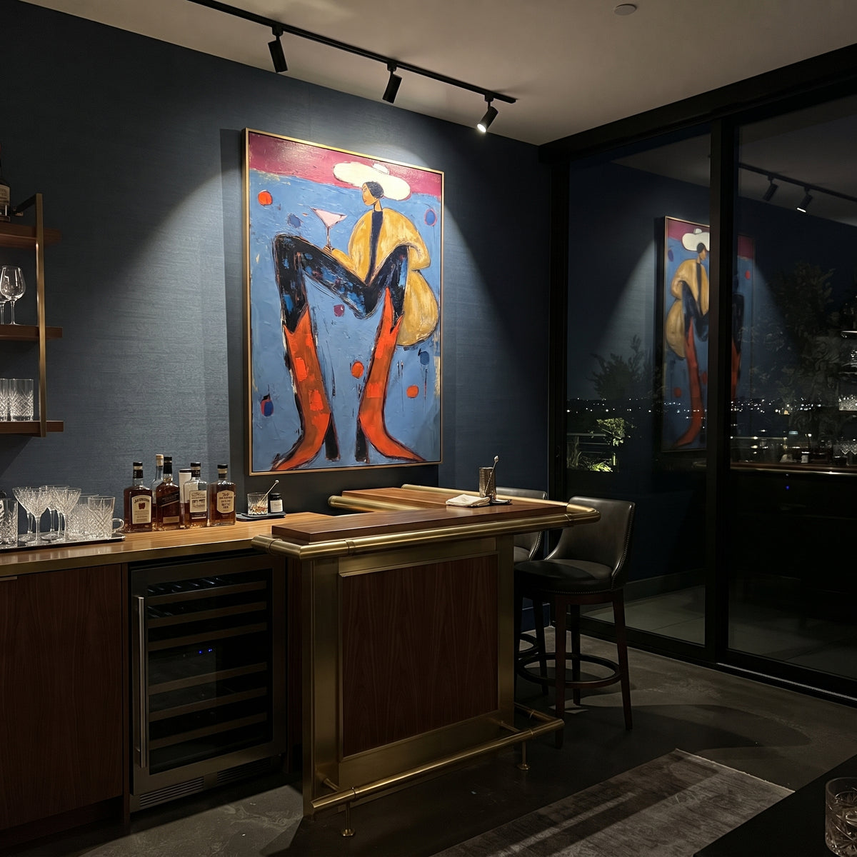 Blue Chair Martini Cowboy is written from the actual artwork image, focusing on a seated cowboy with martini glass, orange boots, and blue chair on dotted wall. The composition is built from specific visible details: blue chair, orange boots, tan coat, white hat, martini glass, and dotted blue wall. The vertical composition keeps attention on blue chair, orange boots, tan coat, white hat, martini glass, and dotted blue wall, using open ground, cropped edges, and strong color blocks to make the