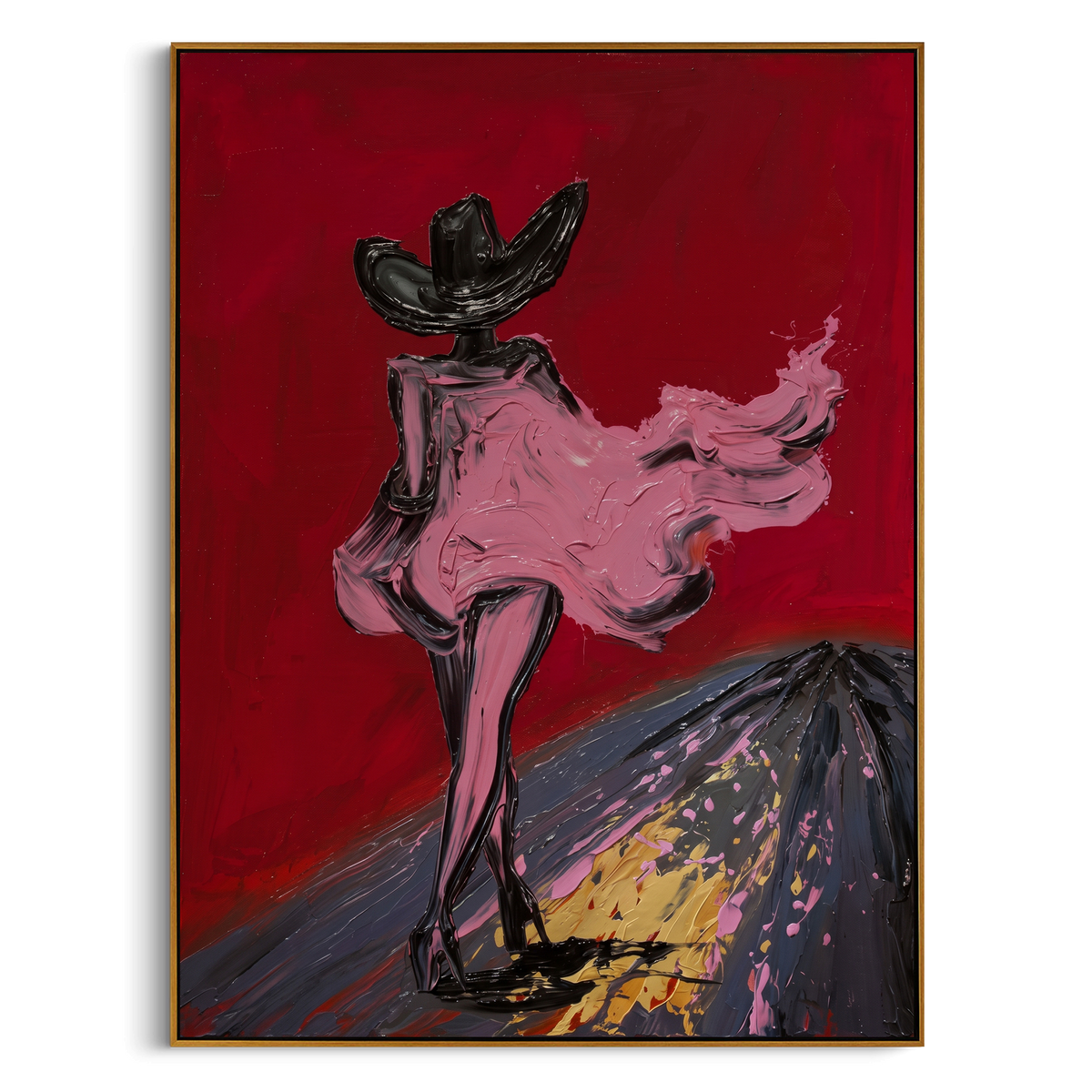 Red Road Cowgirl Fashion is written from the actual artwork image, focusing on a walking cowgirl in pink dress and black hat on a red road. The composition is built from specific visible details: pink dress, black hat, wind shape, red field, dark road, and runway-like western movement. The vertical composition keeps attention on pink dress, black hat, wind shape, red field, dark road, and runway-like western movement, using open ground, cropped edges, and strong color blocks to make the scene
