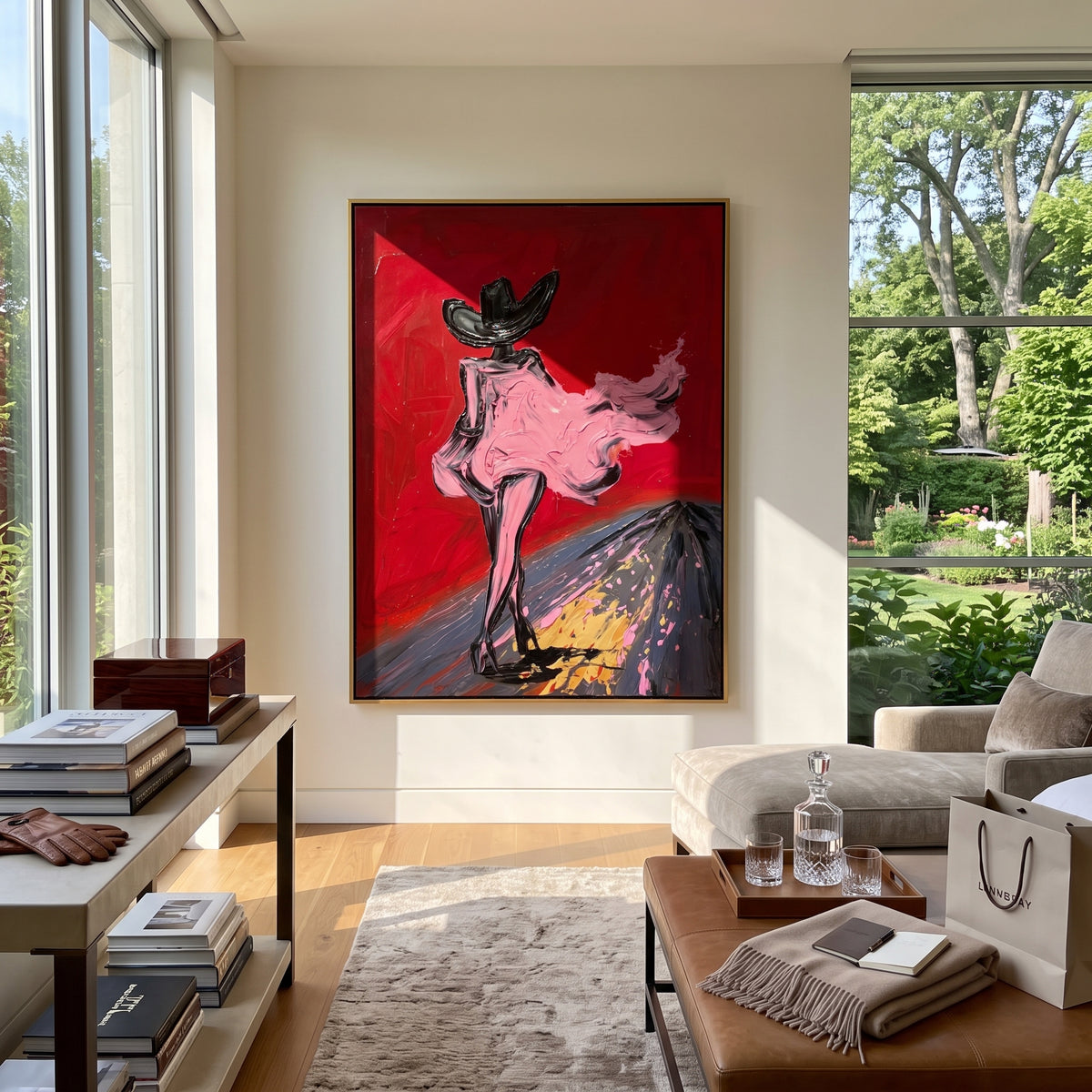 Red Road Cowgirl Fashion is written from the actual artwork image, focusing on a walking cowgirl in pink dress and black hat on a red road. The composition is built from specific visible details: pink dress, black hat, wind shape, red field, dark road, and runway-like western movement. The vertical composition keeps attention on pink dress, black hat, wind shape, red field, dark road, and runway-like western movement, using open ground, cropped edges, and strong color blocks to make the scene