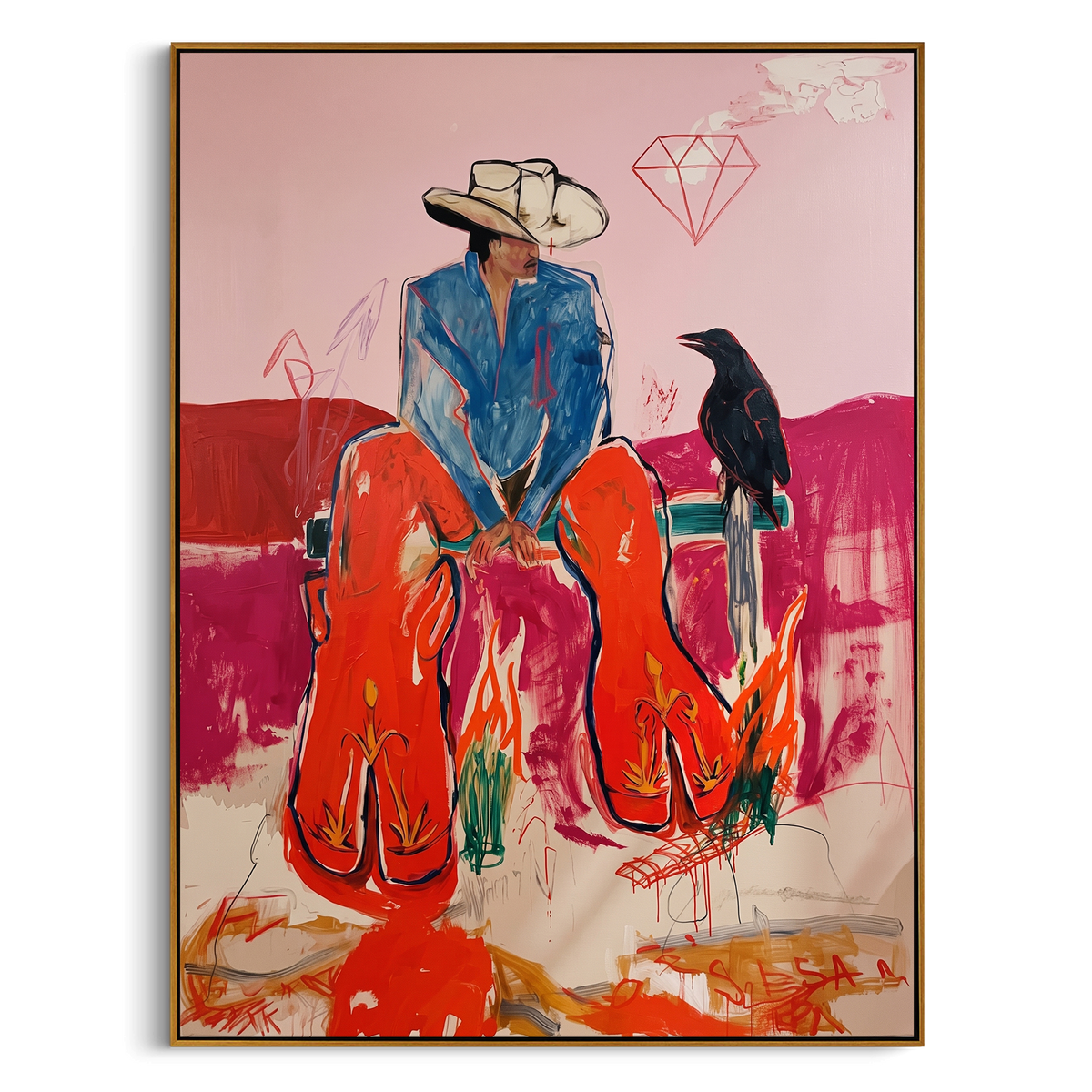 Heatwave Rider With Crow is written from the actual artwork image, focusing on a seated rider in blue shirt with crow and orange horses on a hot pink field. The composition is built from specific visible details: blue-shirt rider, black crow, orange horse shapes, pink desert ground, and diamond line detail. The vertical composition keeps attention on blue-shirt rider, black crow, orange horse shapes, pink desert ground, and diamond line detail, using open ground, cropped edges, and strong color