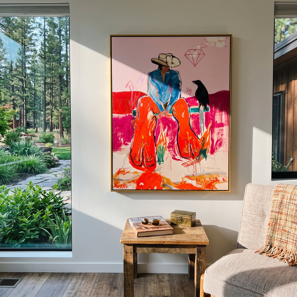 Heatwave Rider With Crow is written from the actual artwork image, focusing on a seated rider in blue shirt with crow and orange horses on a hot pink field. The composition is built from specific visible details: blue-shirt rider, black crow, orange horse shapes, pink desert ground, and diamond line detail. The vertical composition keeps attention on blue-shirt rider, black crow, orange horse shapes, pink desert ground, and diamond line detail, using open ground, cropped edges, and strong color